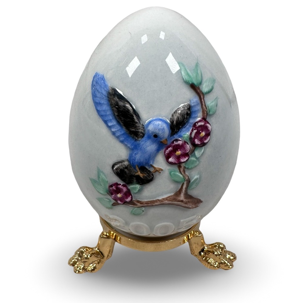 Goebel Germany 2005 Annual Porcelain Egg Blue Bird Flower Gold Stand Collectible